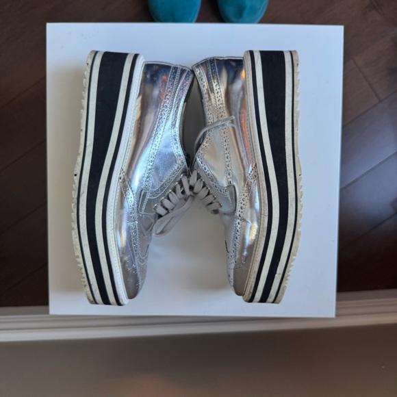 Prada Metallic Silver Leather Platform Brogue Derby Oxfords 23cm Cyberpunk Space - Picture 5 of 11